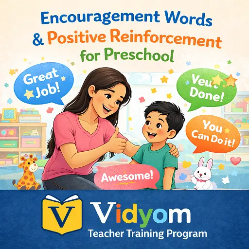 encouragement words and positive reinforcement for preschool showing a teacher praising a child with positive words like great job and you can do it
