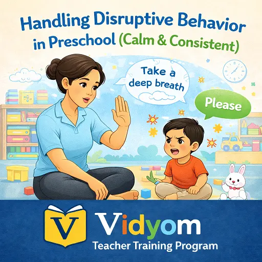 handling disruptive behavior in preschool showing a teacher calmly guiding a preschool child to take a deep breath and behave positively