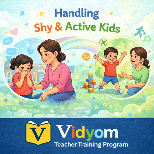 handling shy and active kids illustration showing preschool teacher supporting a shy child and guiding an energetic child in class