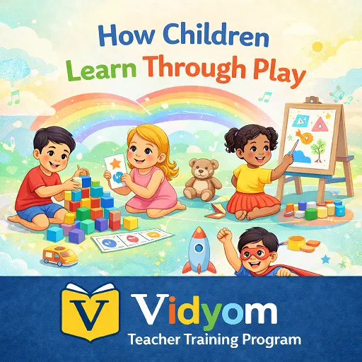 how children learn through play illustration showing preschool kids building blocks, drawing, and playing while learning