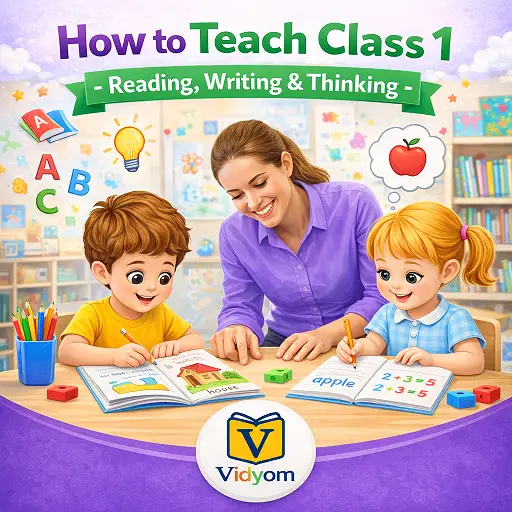 How to teach Class 1 – teacher helping children practice reading, writing and thinking skills in classroom