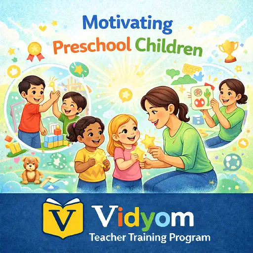 motivating preschool children illustration showing a teacher encouraging young kids with stars and positive learning activities