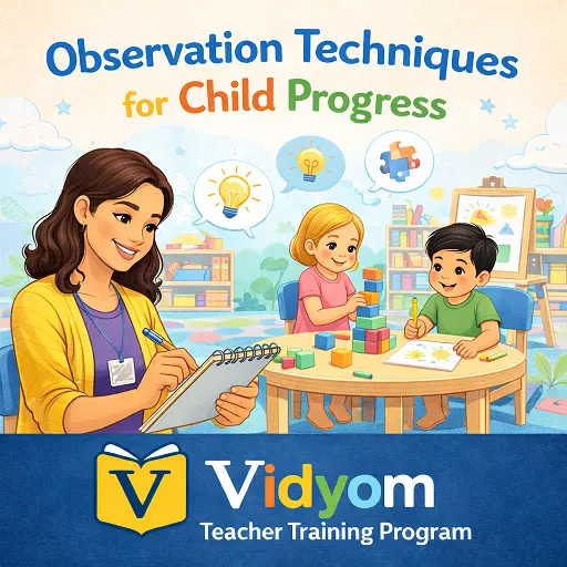 observation techniques for child progress showing a preschool teacher observing children learning and taking notes