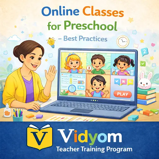 online classes for preschool best practices showing teacher conducting virtual class with young children on laptop