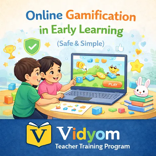 online gamification in early learning showing preschool children playing educational game on laptop