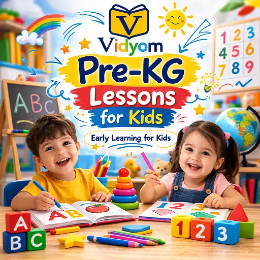 pre-kg lessons for kids hero image with Vidyom logo and children learning alphabet and numbers