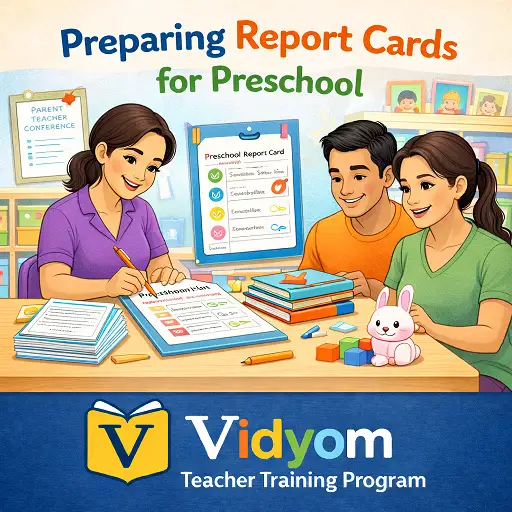 preparing report cards for preschool showing a teacher completing a preschool report card while discussing progress with parents