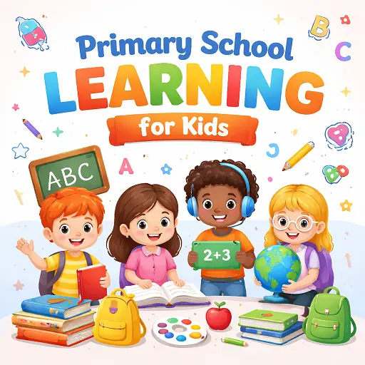 primary-school-learning-for-kids hero image showing happy primary students learning math reading and classroom subjects