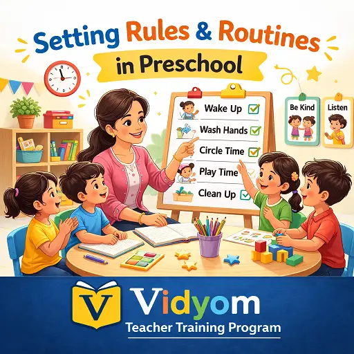 setting rules and routines in preschool lesson showing a teacher explaining classroom rules and daily routines to preschool children