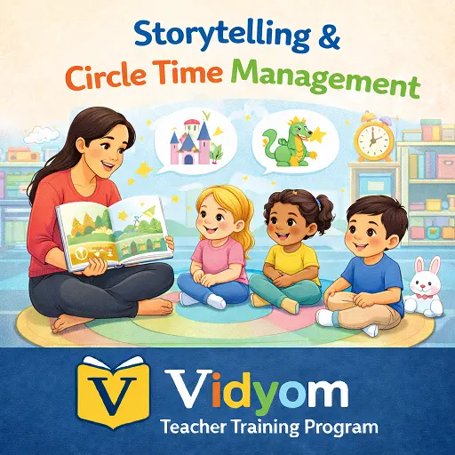 storytelling and circle time management in preschool showing a teacher reading a storybook to children sitting together in a circle
