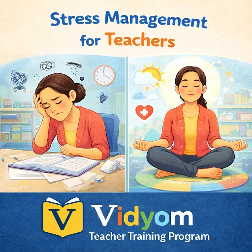 stress management for teachers showing a preschool teacher feeling stressed and then relaxing through calm breathing and meditation