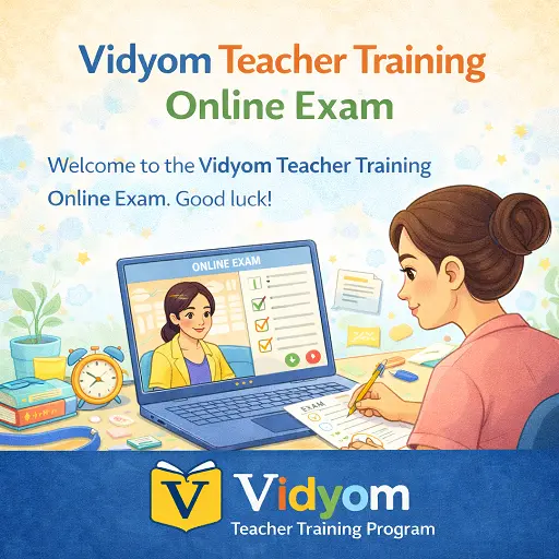 teacher training online exam showing teacher taking exam on laptop in vidyom teacher training program