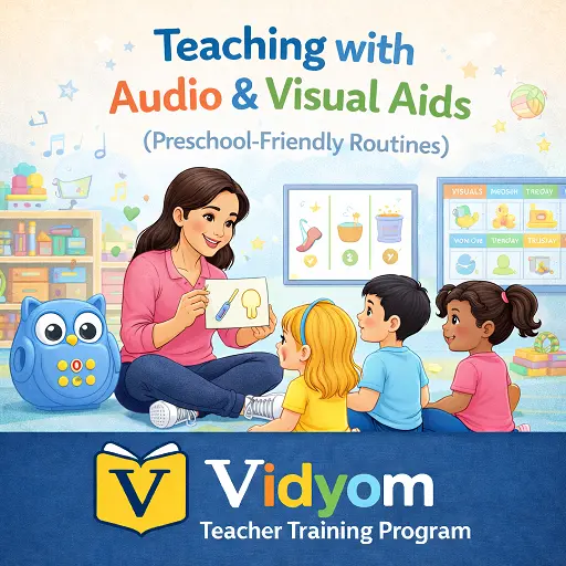 teaching with audio and visual aids in preschool classroom with teacher showing picture cards and children learning through sound and visuals