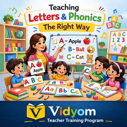 teaching letters and phonics the right way illustration showing a preschool teacher helping children learn alphabet sounds and phonics