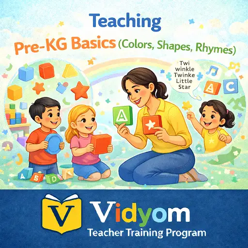 teaching pre kg basics colors shapes rhymes illustration showing preschool teacher helping kids learn shapes colors and rhymes