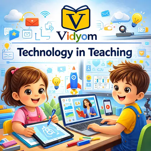 technology in teaching hero image with real kids using laptop and tablet in digital classroom