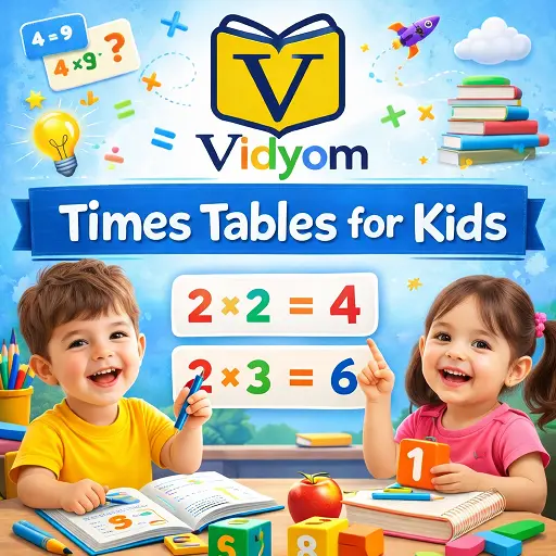 times tables for kids hero image showing 2 x 2 = 4 and 2 x 3 = 6 multiplication examples