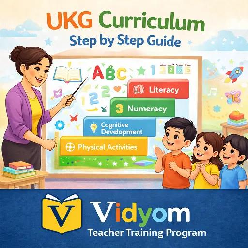 ukg curriculum step by step guide illustration showing a teacher helping UKG children learn alphabets, numbers, and classroom activities
