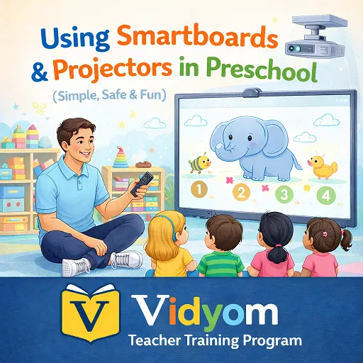 using smartboards and projectors in preschool classroom with teacher showing learning activity on digital smartboard