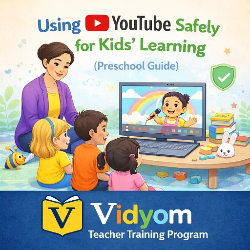 using youtube safely for kids learning preschool guide showing teacher guiding children watching educational video