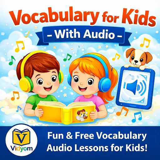 Vocabulary for kids with audio lessons – children learning English words with headphones and book
