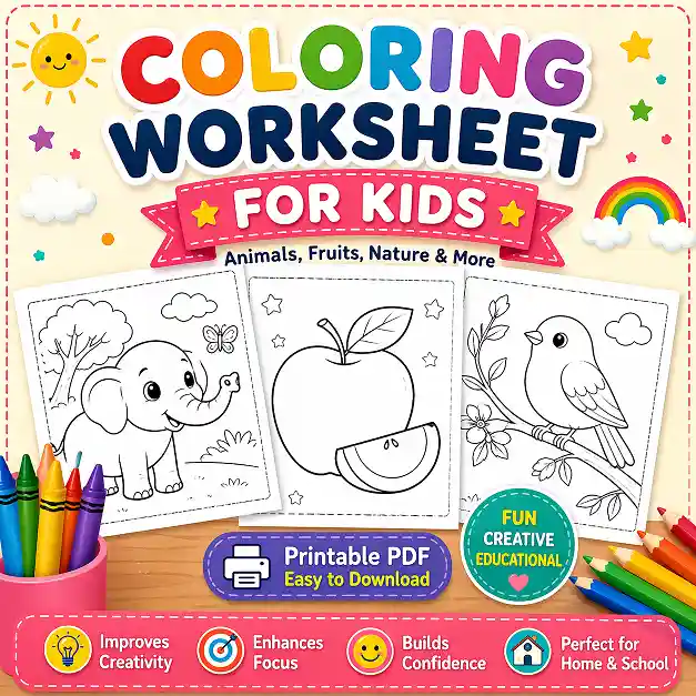 coloring worksheet for kids with animals fruits birds and printable pages