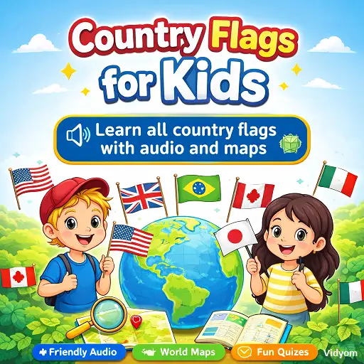 country flags for kids category hero image with cartoon children, world globe, flags, audio, maps, and quiz learning
