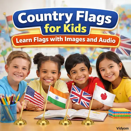 country flags for kids with flag stands and school children learning in classroom