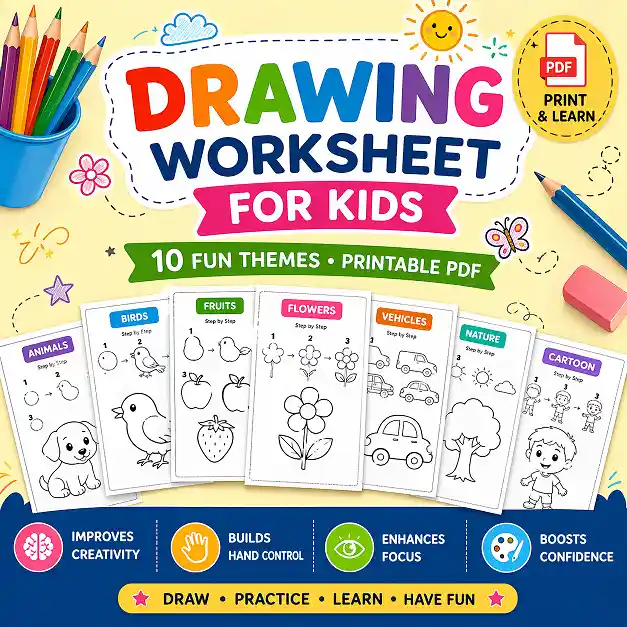 drawing worksheet for kids printable PDF with animals birds fruits flowers and step by step drawing practice