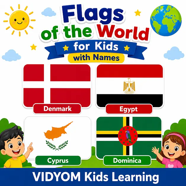 flags of the world for kids showing Denmark Egypt Cyprus and Dominica flags with names