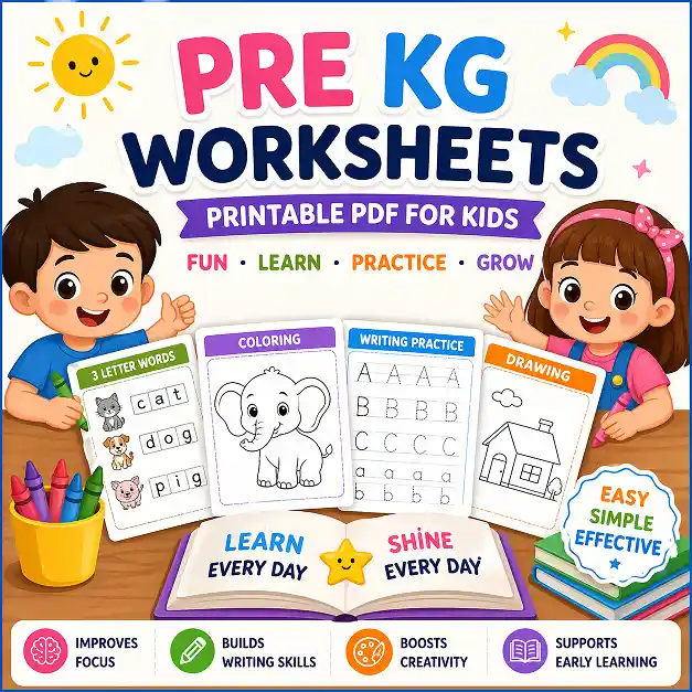 pre kg worksheets category hero image with printable learning pages for 3 letter words, coloring, writing practice, and drawing activities