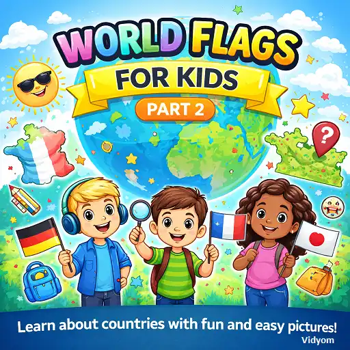 world flags for kids part 2 hero image with happy children, globe, colorful flags, and fun learning theme