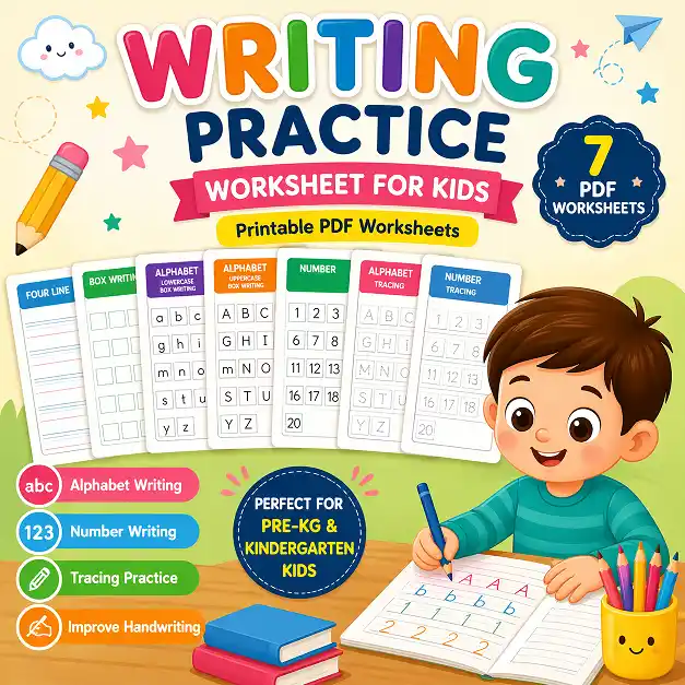writing practice worksheet for kids printable PDF with alphabet writing number tracing and handwriting practice