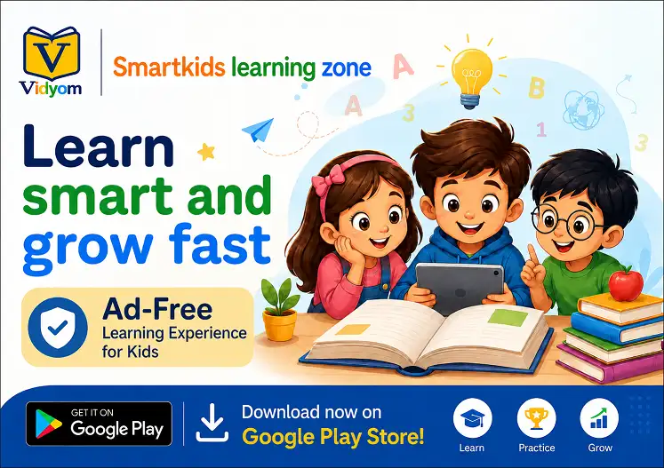 Vidyom Smartkids Learning Zone ad showing cartoon kids learning with books and tablet, promoting an ad-free kids learning app on Google Play.