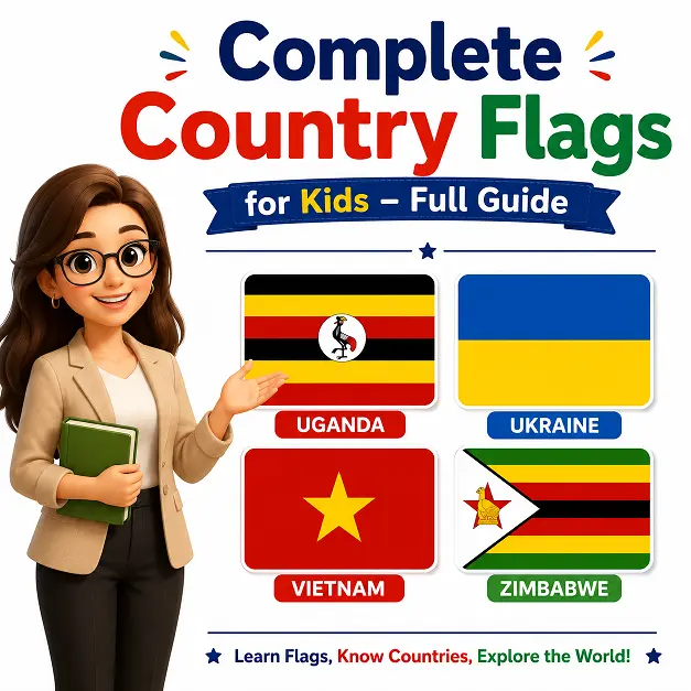 Complete country flags for kids showing Uganda, Ukraine, Vietnam, and Zimbabwe flags