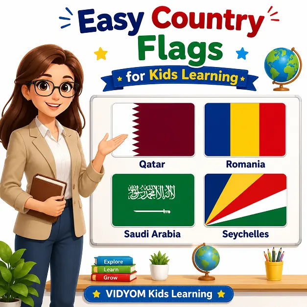 Easy country flags for kids showing Qatar, Romania, Saudi Arabia, and Seychelles flags