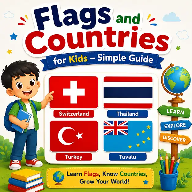 Flags and countries for kids showing Switzerland, Thailand, Turkey, and Tuvalu flags