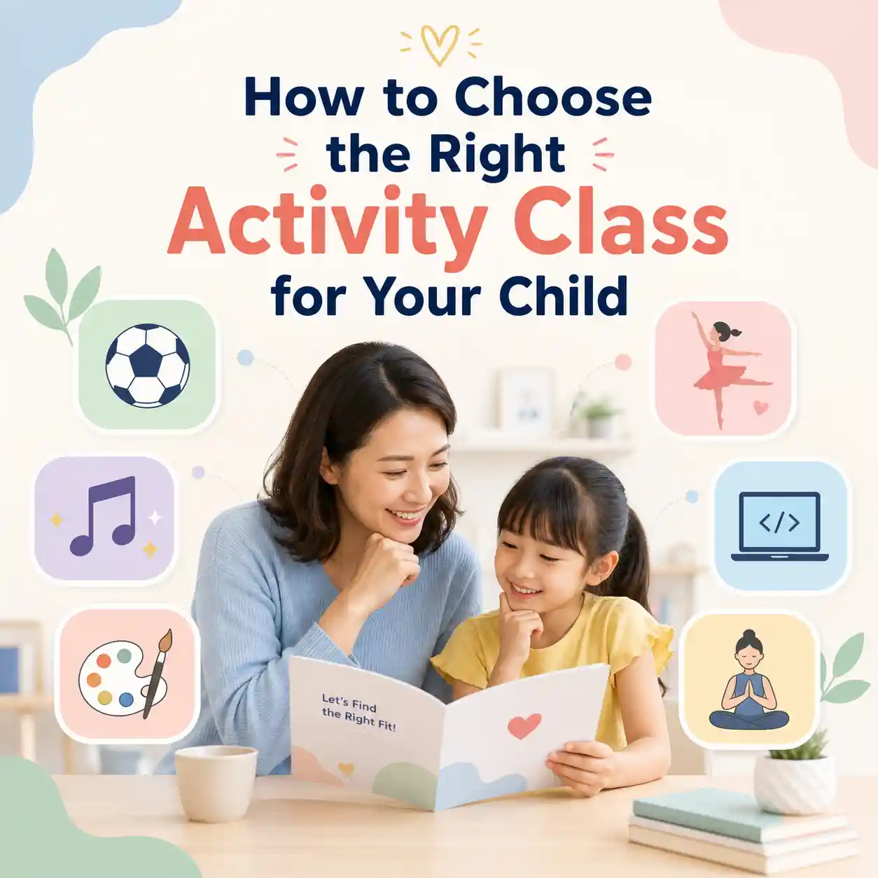 Parent and child choosing the right activity class from sports, music, art, dance, coding and yoga options.