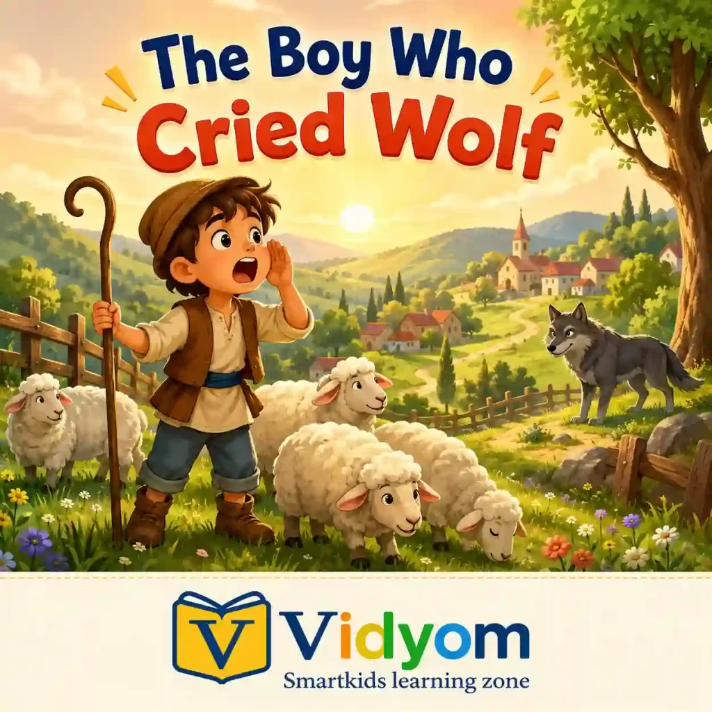 Young shepherd boy calling for help as a real wolf approaches the sheep near a village