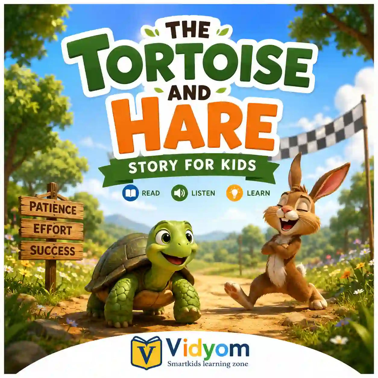 Tortoise and hare story for kids hero image showing a smiling tortoise and proud hare racing on a village path