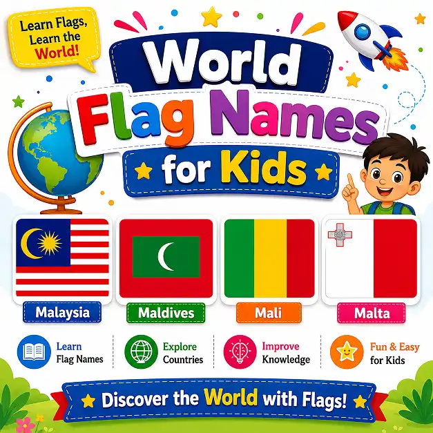 World flag names for kids with colorful country flag pictures and easy flag learning